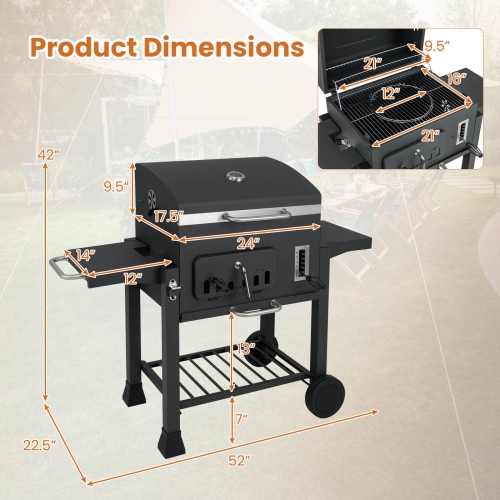 Costway Barrel Charcoal Grill with 2 Folding Side Tables 24-Inch Outdoor Barbecue Grill