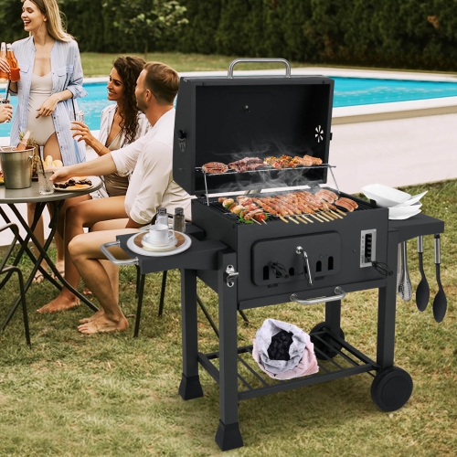 Costway Barrel Charcoal Grill with 2 Folding Side Tables 24-Inch Outdoor Barbecue Grill