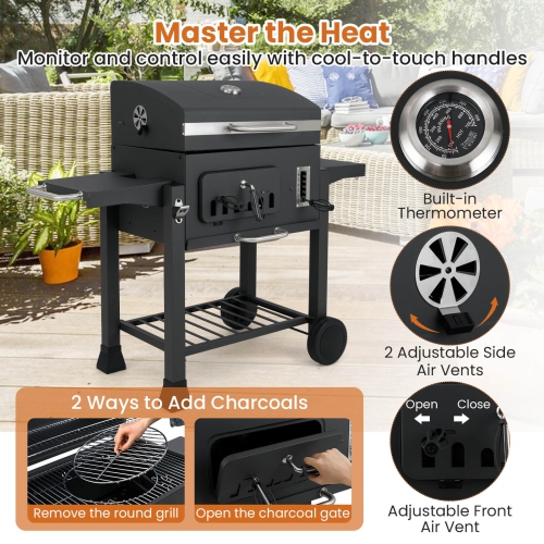 Costway Barrel Charcoal Grill with 2 Folding Side Tables 24-Inch Outdoor Barbecue Grill