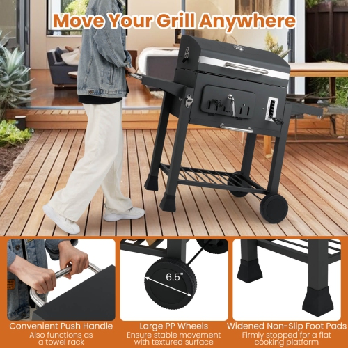 Costway Barrel Charcoal Grill with 2 Folding Side Tables 24-Inch Outdoor Barbecue Grill