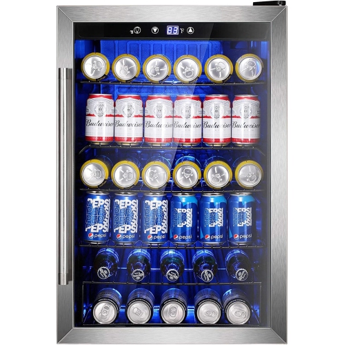 ZAFRO Wine Cooler 37 Bottle Freestanding Fridge with Stainless Steel Reversible Glass Door, 145 Can Beverage Refrigerator, 4.5 Cu.ft Silver