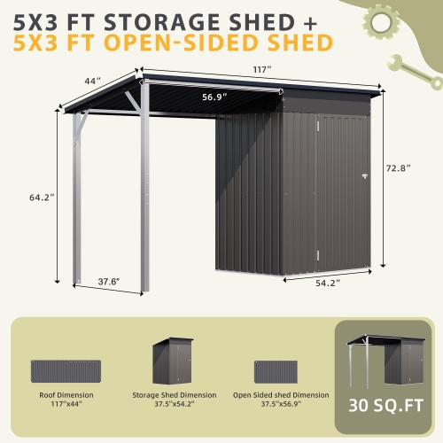 AECOJOY 2-in-1 Outdoor Open-Sided Storage Shed, 3x5 Sheds & Outdoor Storage with 15 Sq. Ft Covered