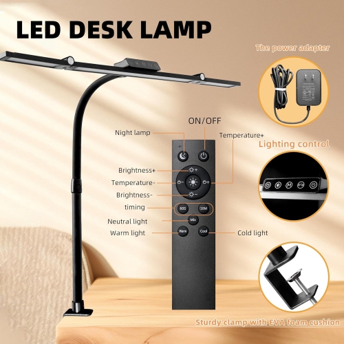 Gooseneck Desk Lamp for Home Office,LED Desk Lamp with Clamp,Eye Protection Desk Light,24W Bright Stepless Dimming Eye-Caring Office Desk Lamp for