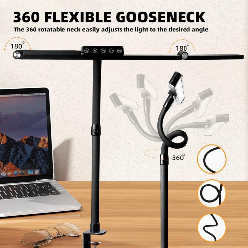 Gooseneck Desk Lamp for Home Office,LED Desk Lamp with Clamp,Eye Protection Desk Light,24W Bright Stepless Dimming Eye-Caring Office Desk Lamp for