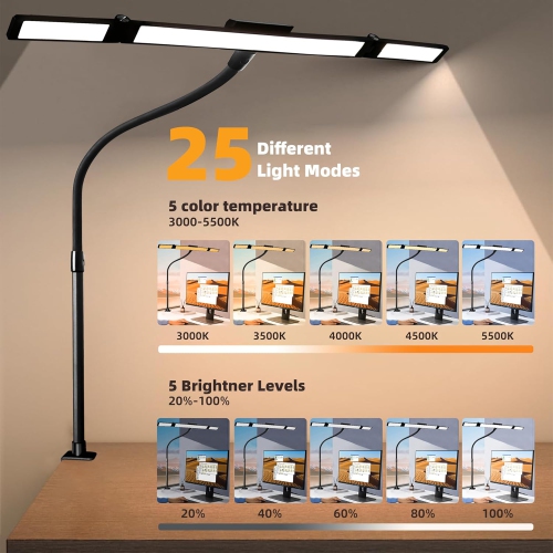 Gooseneck Desk Lamp for Home Office,LED Desk Lamp with Clamp,Eye Protection Desk Light,24W Bright Stepless Dimming Eye-Caring Office Desk Lamp for
