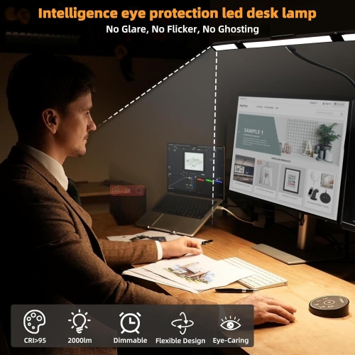 Gooseneck Desk Lamp for Home Office,LED Desk Lamp with Clamp,Eye Protection Desk Light,24W Bright Stepless Dimming Eye-Caring Office Desk Lamp for