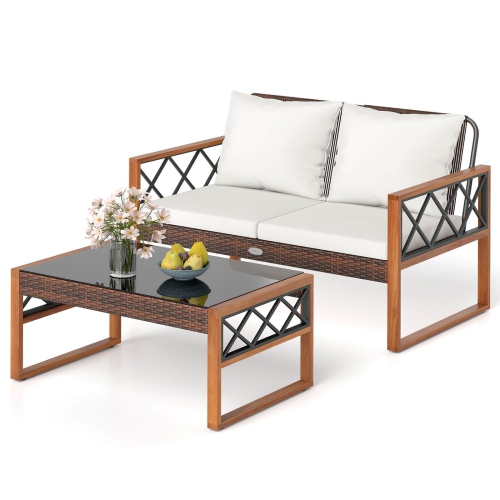 Ensemble de 2 meubles de patio en osier PE de Costway avec causeuse extérieure en bois d'acacia pour porche
