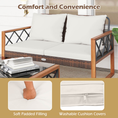 Ensemble de 2 meubles de patio en osier PE de Costway avec causeuse extérieure en bois d'acacia pour porche