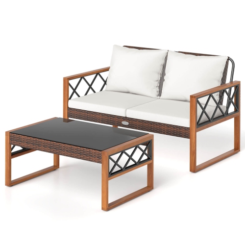 Ensemble de 2 meubles de patio en osier PE de Costway avec causeuse extérieure en bois d'acacia pour porche