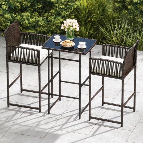 Costway 3 PCS Patio Bar Set Wicker Table & Armchairs with 2 Cushions & Glass Tabletop