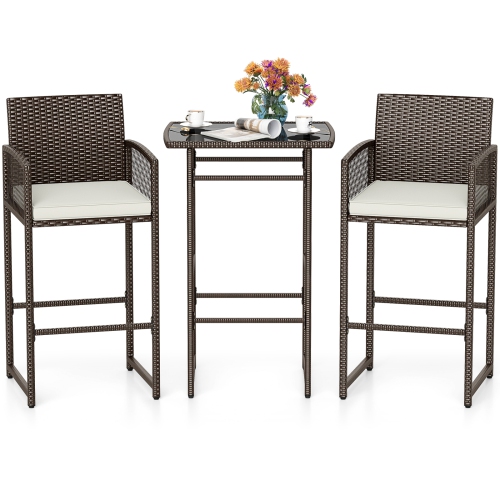 Costway 3 PCS Patio Bar Set Wicker Table & Armchairs with 2 Cushions & Glass Tabletop