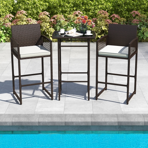 Costway 3 PCS Patio Bar Set Wicker Table & Armchairs with 2 Cushions & Glass Tabletop