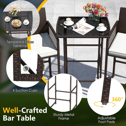 Costway 3 PCS Patio Bar Set Wicker Table & Armchairs with 2 Cushions & Glass Tabletop