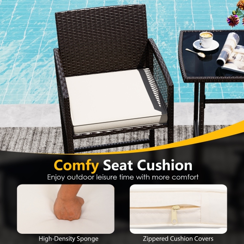 Costway 3 PCS Patio Bar Set Wicker Table & Armchairs with 2 Cushions & Glass Tabletop