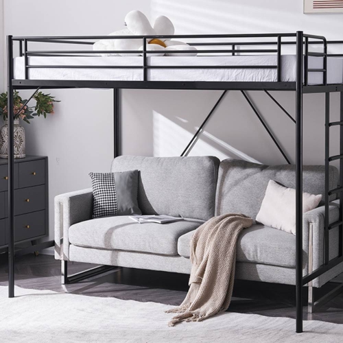 Karl Home Space-Saving Metal Twin Loft Bed Frame with Stairs Full-Length Guardrail Black