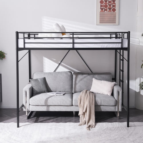 Karl Home Space-Saving Metal Twin Loft Bed Frame with Stairs Full-Length Guardrail Black