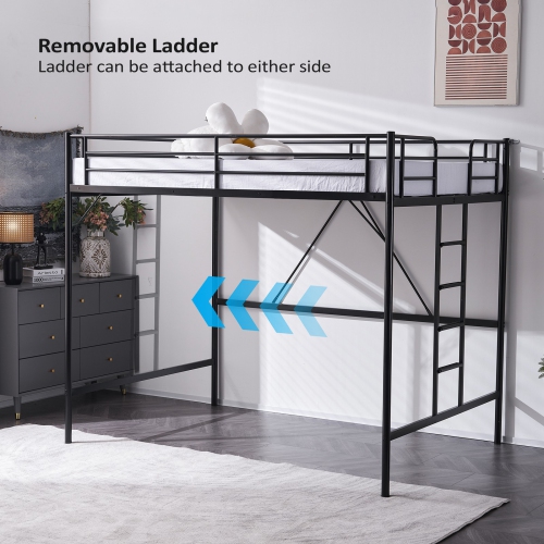 Karl Home Space-Saving Metal Twin Loft Bed Frame with Stairs Full-Length Guardrail Black