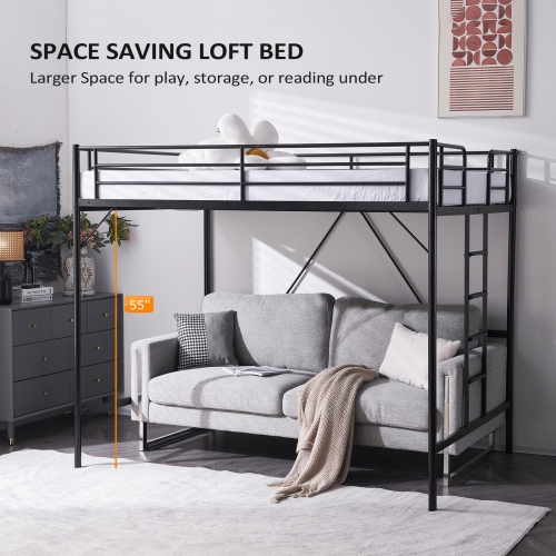 Karl Home Space-Saving Metal Twin Loft Bed Frame with Stairs Full-Length Guardrail Black