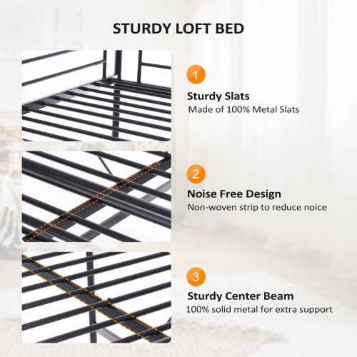 Karl Home Space-Saving Metal Twin Loft Bed Frame with Stairs Full-Length Guardrail Black