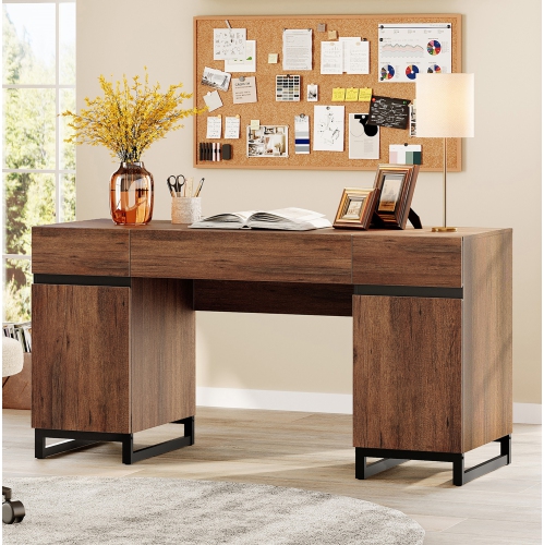 WAMPAT 59 inch Executive Desk with Drawers and Charging Station, Modern Home Office Computer Desk with File Cabinet Storage, Wood Writing Workstation