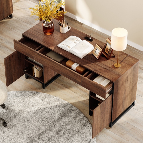 WAMPAT 59 inch Executive Desk with Drawers and Charging Station, Modern Home Office Computer Desk with File Cabinet Storage, Wood Writing Workstation