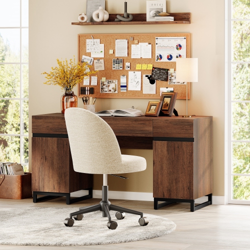 WAMPAT 59 inch Executive Desk with Drawers and Charging Station, Modern Home Office Computer Desk with File Cabinet Storage, Wood Writing Workstation