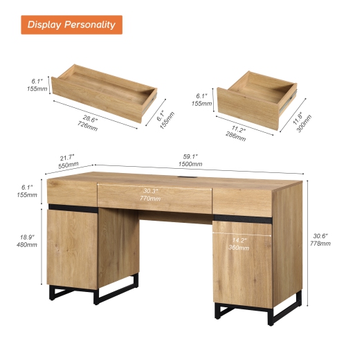WAMPAT 59 inch Executive Desk with Drawers and Charging Station, Modern Home Office Computer Desk with File Cabinet Storage, Wood Writing Workstation
