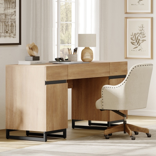 WAMPAT 59 inch Executive Desk with Drawers and Charging Station, Modern Home Office Computer Desk with File Cabinet Storage, Wood Writing Workstation