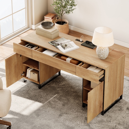 WAMPAT 59 inch Executive Desk with Drawers and Charging Station, Modern Home Office Computer Desk with File Cabinet Storage, Wood Writing Workstation