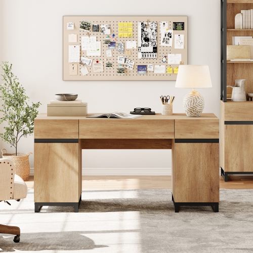 WAMPAT 59 inch Executive Desk with Drawers and Charging Station, Modern Home Office Computer Desk with File Cabinet Storage, Wood Writing Workstation