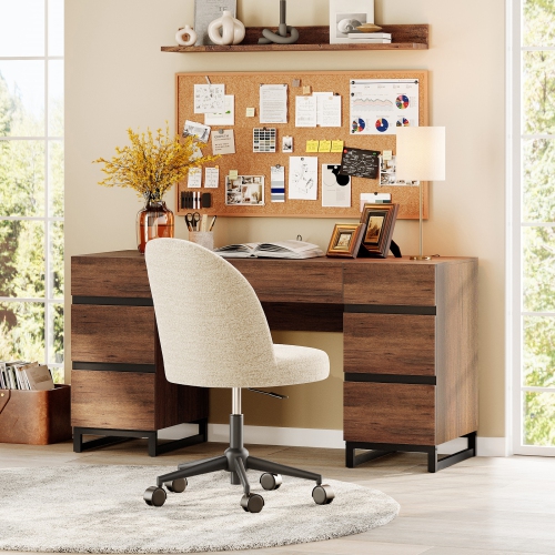 WAMPAT 59 inch Modern Executive Desk with Drawers, Wood Computer Writing Desk with Charging Station& File Cabinet Storage, Home Office Workstation