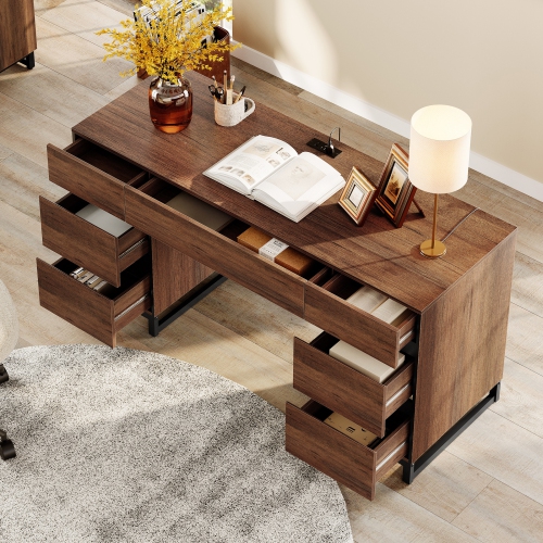 WAMPAT 59 inch Modern Executive Desk with Drawers, Wood Computer Writing Desk with Charging Station& File Cabinet Storage, Home Office Workstation