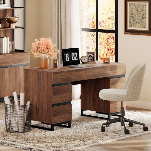 WAMPAT 59 inch Modern Executive Desk with Drawers, Wood Computer Writing Desk with Charging Station& File Cabinet Storage, Home Office Workstation