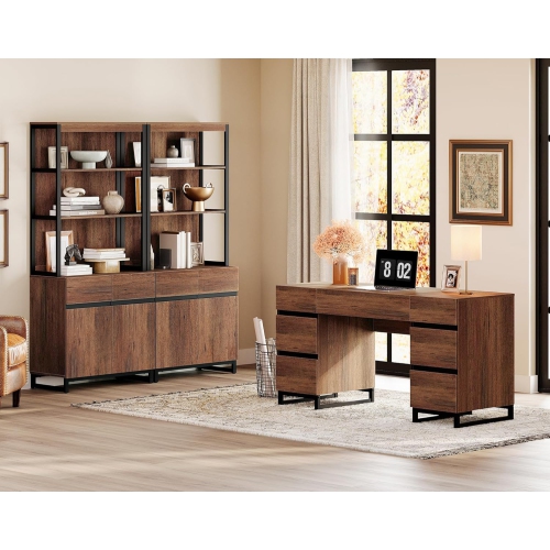 WAMPAT 59 inch Modern Executive Desk with Drawers, Wood Computer Writing Desk with Charging Station& File Cabinet Storage, Home Office Workstation
