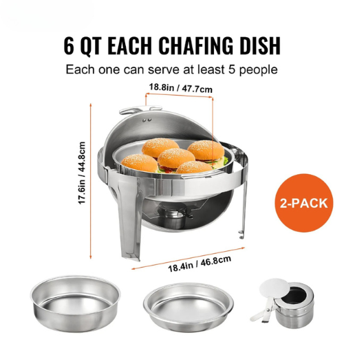 VEVOR DT-C1101 Roll Top Chafing Dish Buffet Set, 6 Qt 2-Pack Stainless Steel Chafer with Full Size Pans, Round Catering Server with Lid, Water Pan,