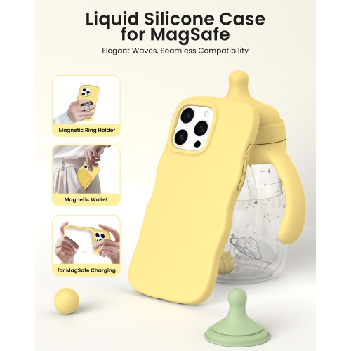 Étui ORNARTO pour iPhone 16 Pro – Curly Wave Edge | Compatible avec MagSafe | Étui souple en silicone liquide antichoc pour iPhone 16 Pro-Jaune crème