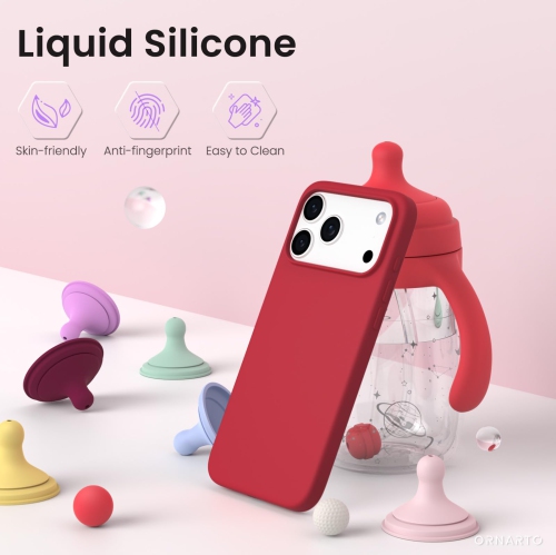 ORNARTO Compatible with iPhone 17 Pro Max Case,Slim Liquid Silicone Shockproof Protective Phone Case 6.9" with Anti-Scratch Microfiber Lining-Red