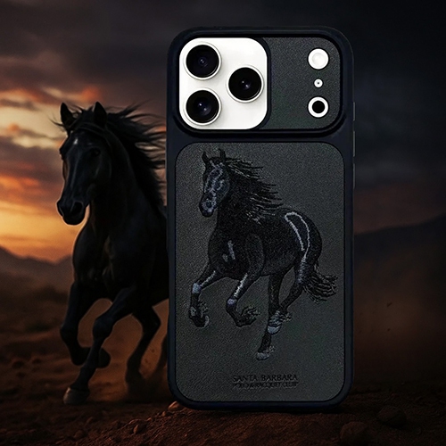 Santa Barbara Boris Series 3D Embroidered Grey Horse Leather Case for iPhone 17 Pro Max