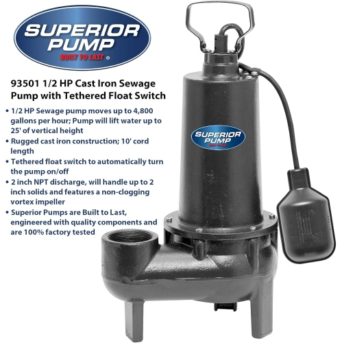 Superior Pump 93015-U Cast Iron Tethered Float Switch Sewage Pump with Basin Kit, 1/2 HP, Black