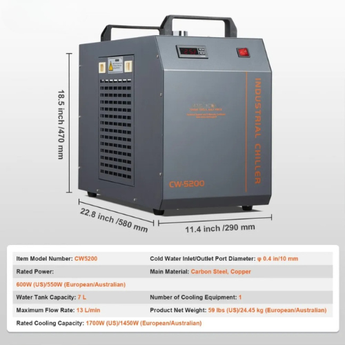 VEVOR CW-5200 Industrial Water Chiller, 7L Tank, 1700W Cooling Capacity, 13 L/min Flow Rate, R134a Compressor Cooling for CO₂ Laser Engraving Machines
