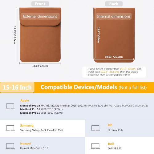 H 15-16 Inch Laptop Sleeve for MacBook Pro 16 M4/M3/M2/M1 A3403 A3186 A2991 A2780 2025-2019, MacBook Pro 15 2015-2012 A1398, XPS 15, Faux Suede