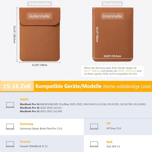 H 15-16 Inch Laptop Sleeve for MacBook Pro 16 M4/M3/M2/M1 A3403 A3186 A2991 A2780 2025-2019, MacBook Pro 15 2015-2012 A1398, XPS 15, Faux Suede
