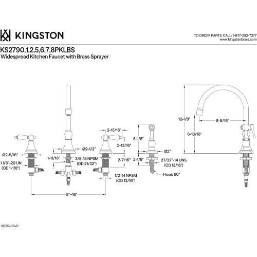 Kingston Brass KS2792PKLBS Duchess Widespread Kitchen Faucet Sprayer, Polished Brass