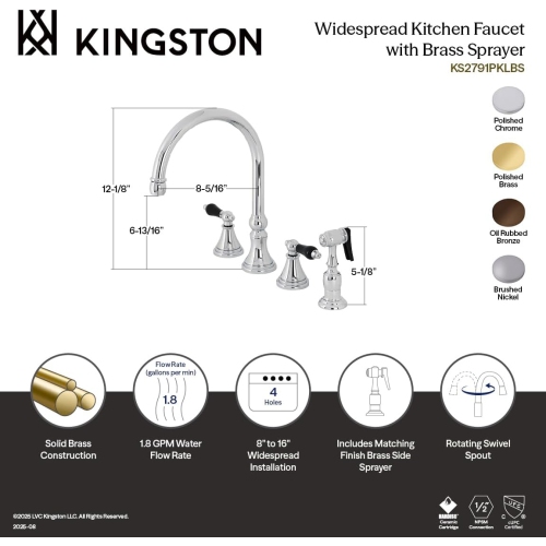Kingston Brass KS2792PKLBS Duchess Widespread Kitchen Faucet Sprayer, Polished Brass
