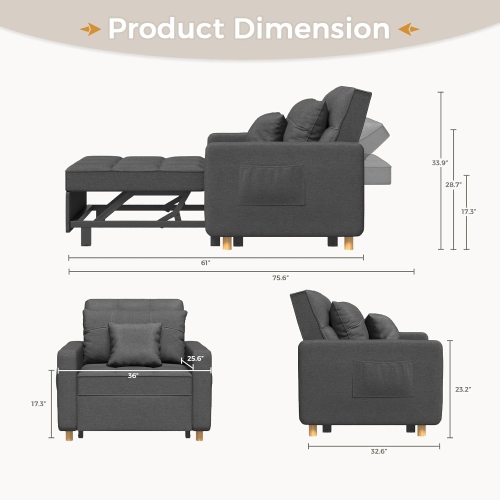 AECOJOY 36" Sleeper Chair, Convertible Chair Bed for Adults, 3-in-1 Pull Out Sofa Chair, Modern Grey