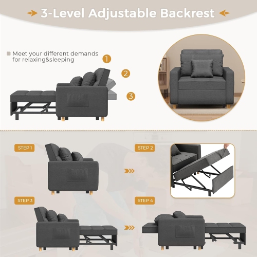 AECOJOY 36" Sleeper Chair, Convertible Chair Bed for Adults, 3-in-1 Pull Out Sofa Chair, Modern Grey