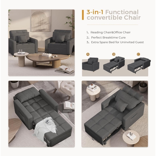 AECOJOY 36" Sleeper Chair, Convertible Chair Bed for Adults, 3-in-1 Pull Out Sofa Chair, Modern Grey