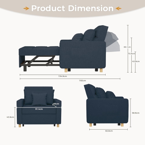 AECOJOY 36" Sleeper Chair, Convertible Chair Bed for Adults, 3-in-1 Pull Out Sofa Chair, Blue