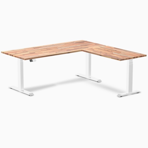 Desky Softwood L-Shape Sit Stand Desk - Acacia 72" With White Frame, Triple Motors, 440 lb Capacity