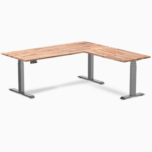 Desky Softwood L-Shape Sit Stand Desk - American Rustic Pine 72" With Space Grey Frame, Triple Motors, 440 lb Capacity